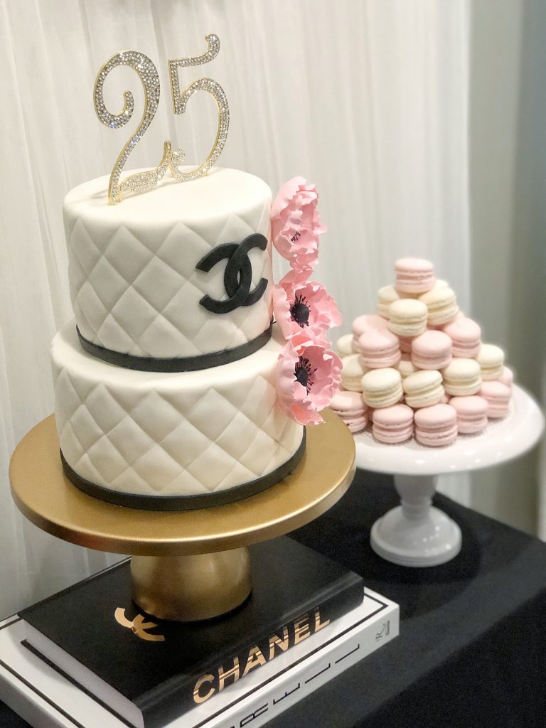 chanel desserts, channel birthday cake, chanel dessert table