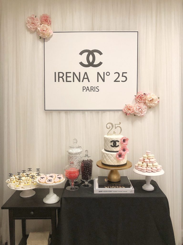 chanel backdrop, chanel theme party, chanel birthday cake, chanel dessert table
