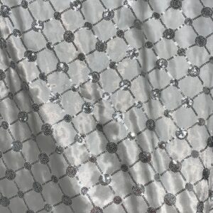 WHITE SATIN & SILVER SEQUIN CHECKERBALL TABLECLOTH