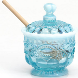 Mosser Glass Honey Pot Opalescent Blue w/wooden dipper