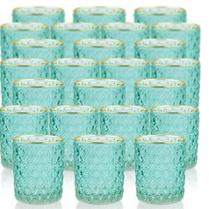 Glass Tealight Votive Candle Holders Teal Gold Rim w/tealight candles