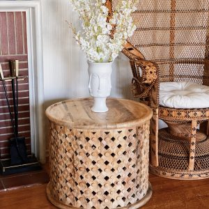 Round Lattice Carved Wood Table/Coffee Table