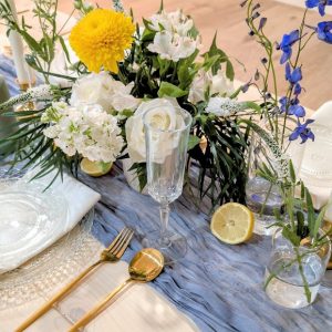 Dusty blue gauze table runner